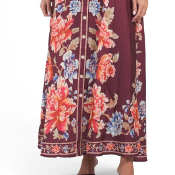 NWT$250 Dalia MacPhee Long Sleeve Maxi Belted Burgundy Floral Shirt Dress LARGE - Picture 5 of 12